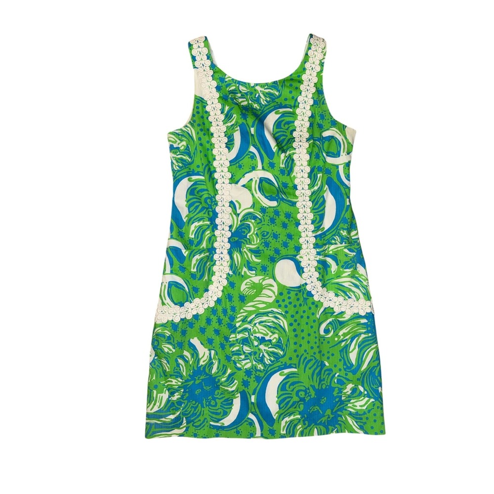 Lilly Pulitzer Shift Dress Womens 10 Green Blue Floral Lace Lion Print